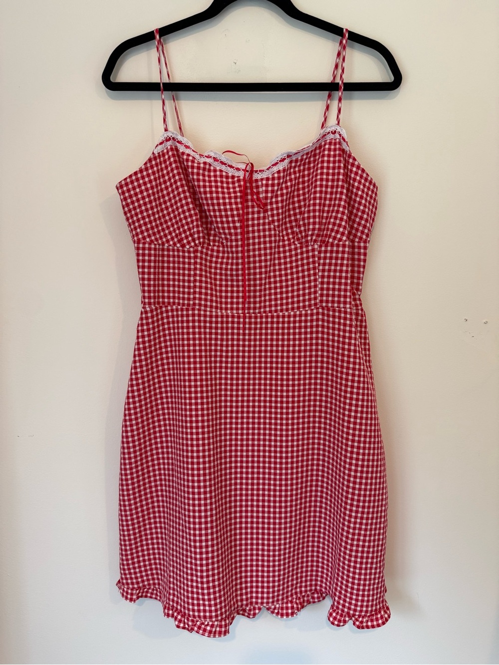 Sienna Sky Red Gingham Spaghetti-Strap Mini Dress with Lace Trim